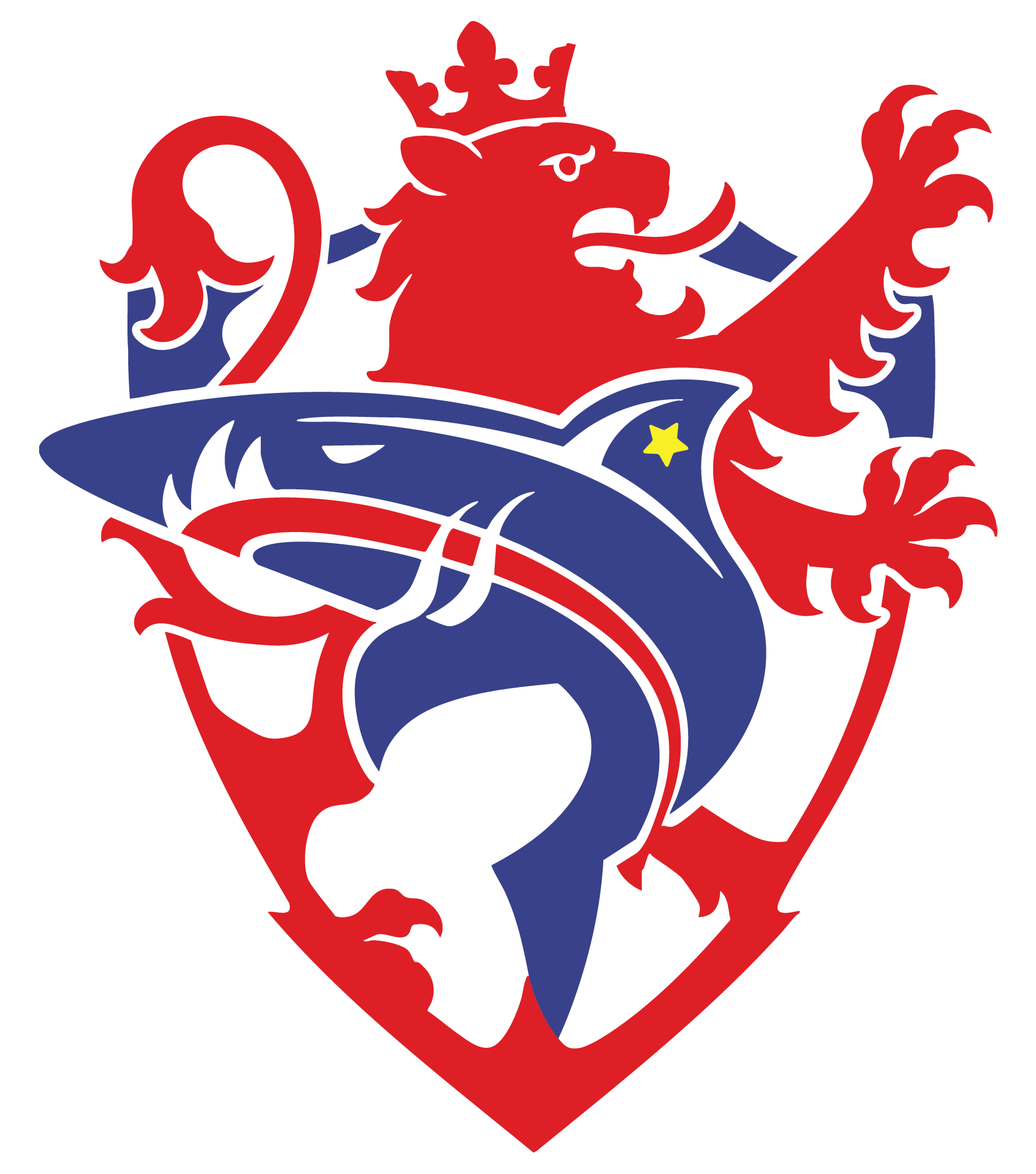 MORE ME crest — crowned lion and shark on one shield
