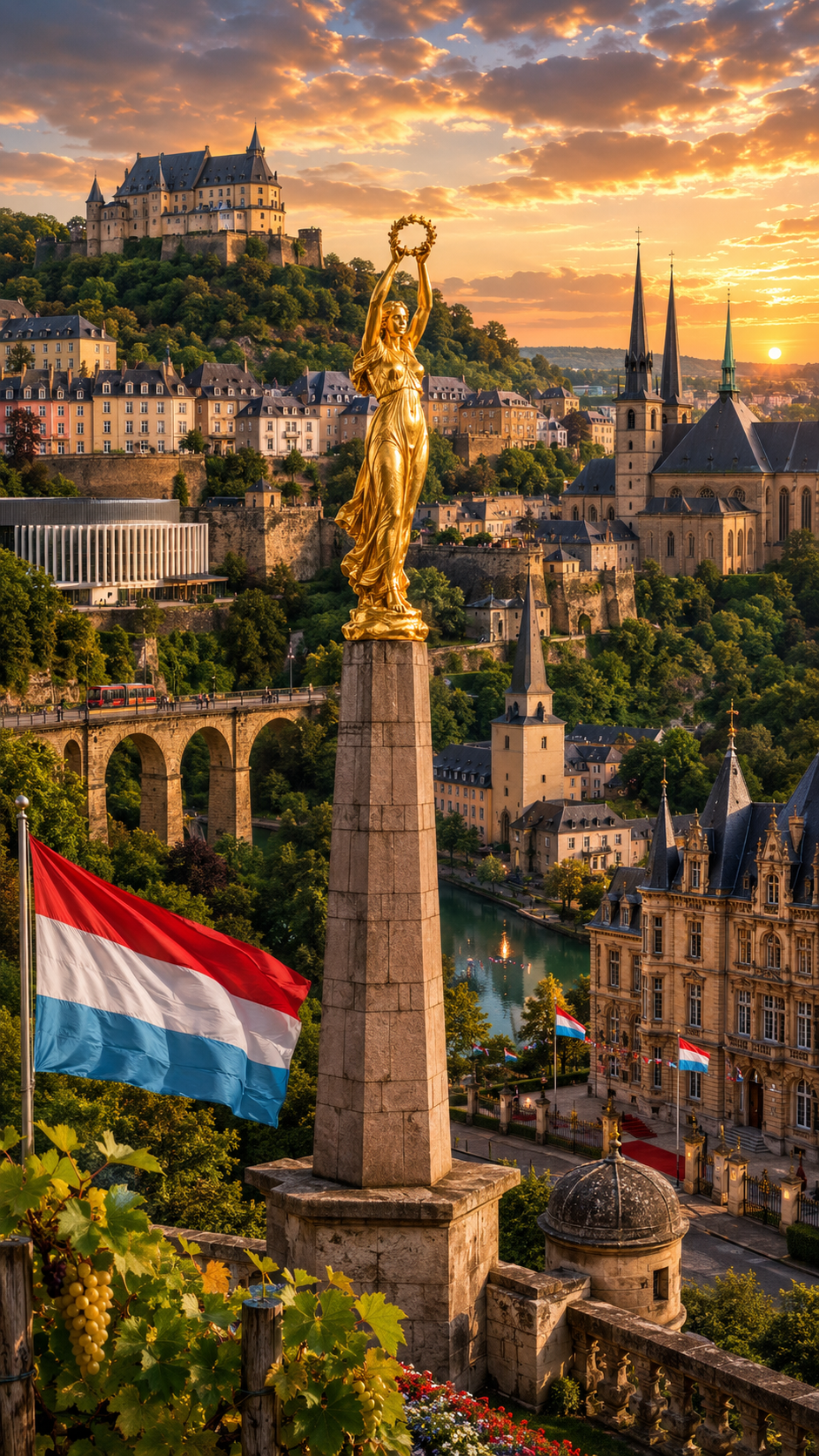 Luxembourg — Gëlle Fra, fortifications and old town at sunset